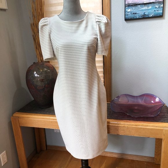 Calvin Klein Women's Tulip Sleeved Striped Sheath Dress - Size 8 - White & Black - Picture 1 of 6